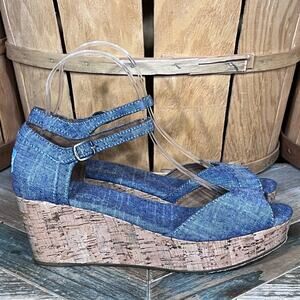 Toms Chambray Blue Platform Adjustable Cork Wedge Sandals Womens Size 7.5